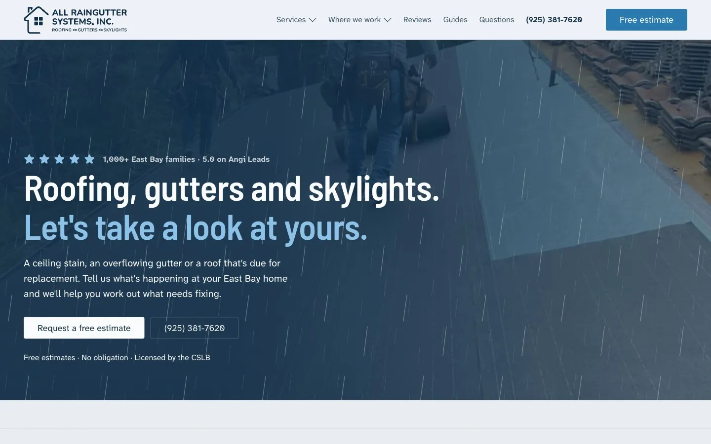 All Raingutter Systems homepage, a crew on a roof behind the headline Roofing, gutters and skylights, with a five-star rating line above it and rain drawn over the photo.