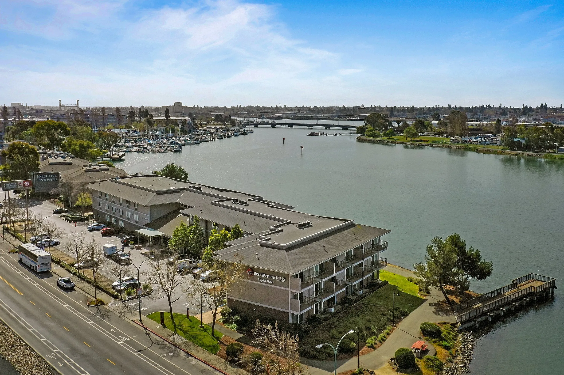 Aerial photograph of Best Western Plus Bayside Hotel beside the marina at Embarcadero Cove, Oakland