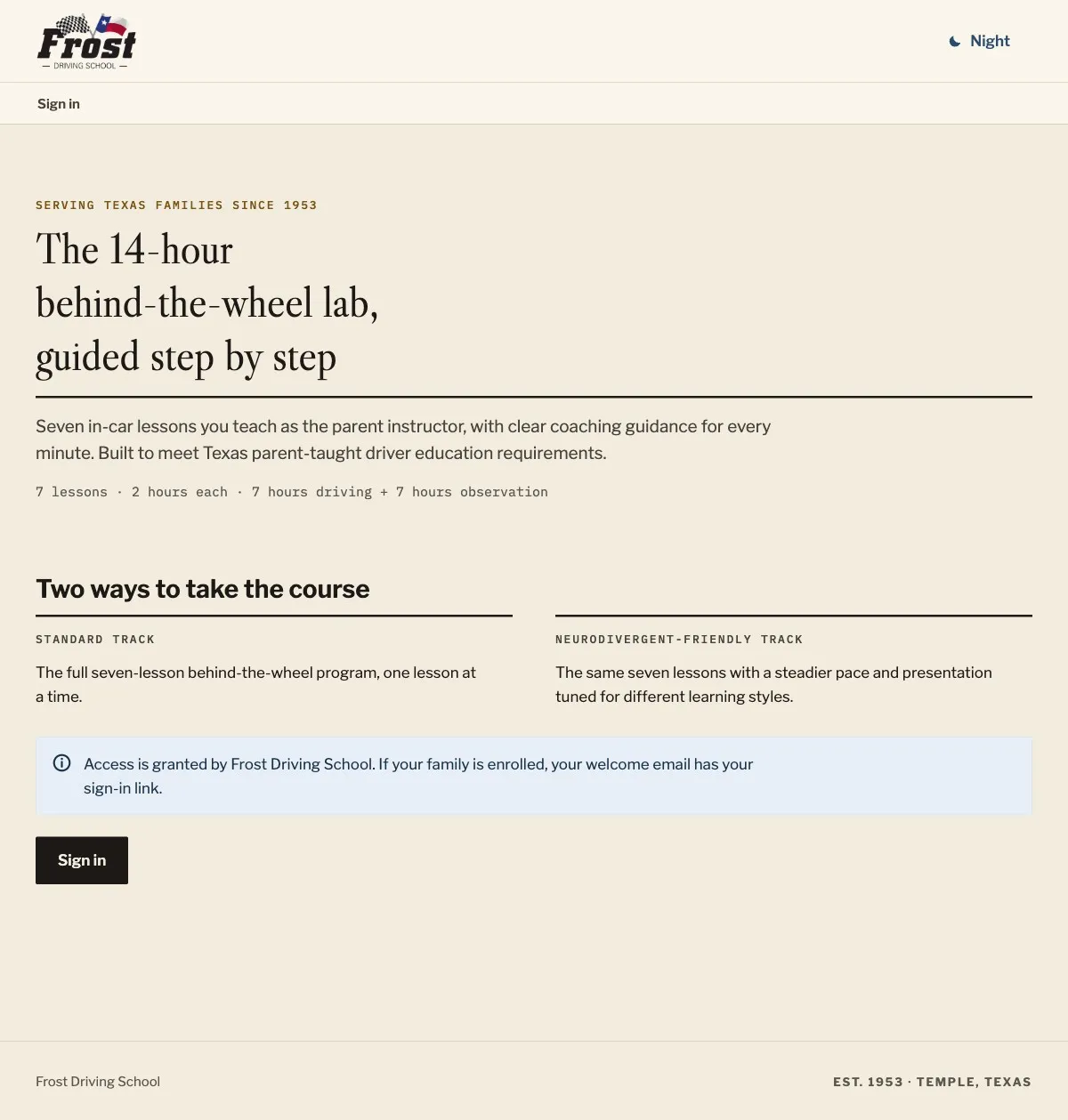 The full Frost Driving School site, top to bottom, inside a laptop screen