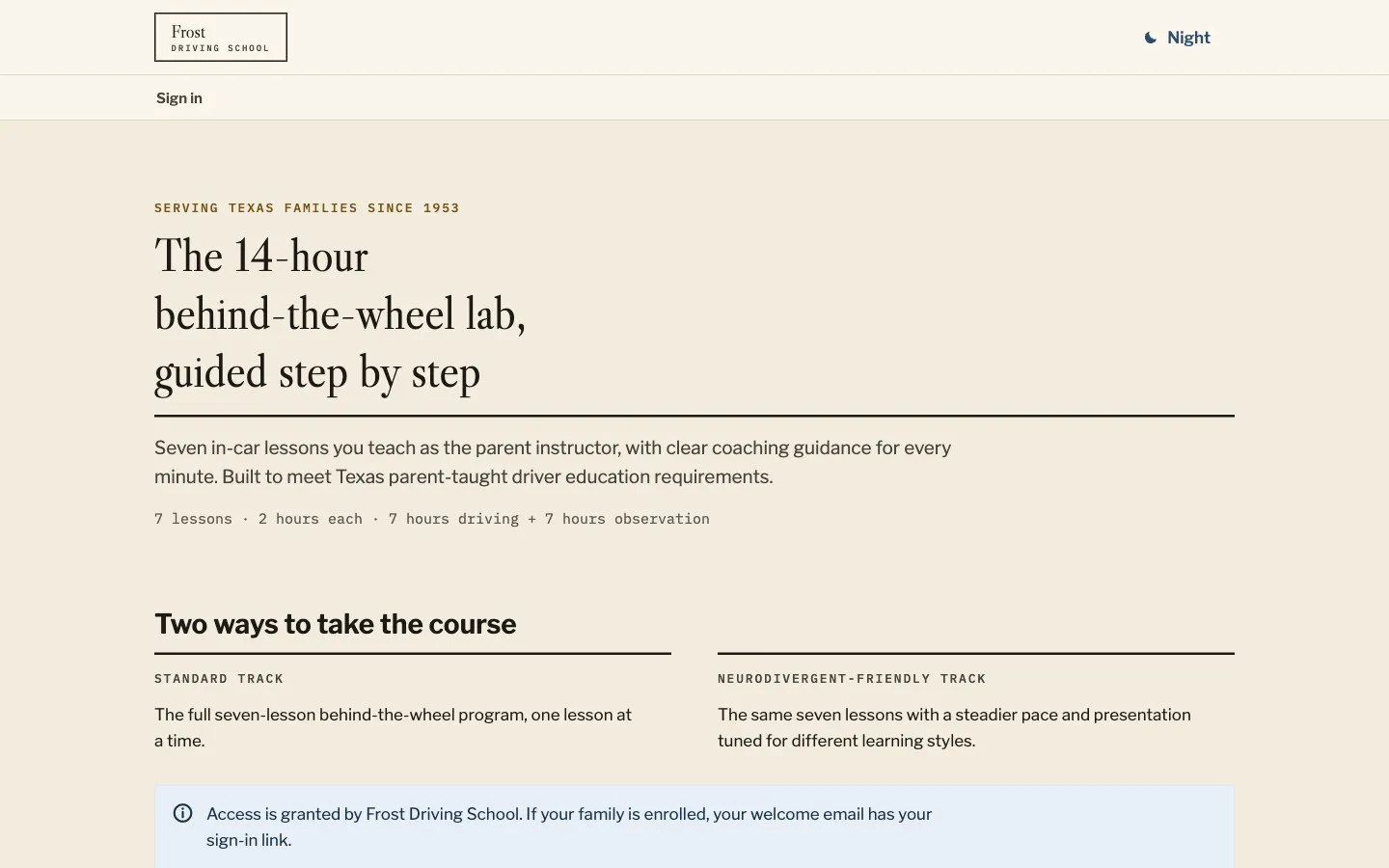 The driving lab's front page on the review build, headed The 14-hour behind-the-wheel lab, guided step by step, with a standard track and a neurodivergent-friendly track beneath it.