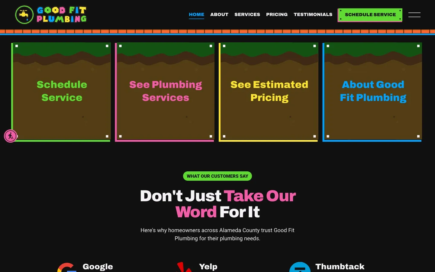 Four navigation cards styled as underground dirt blocks in green, pink, yellow and blue.