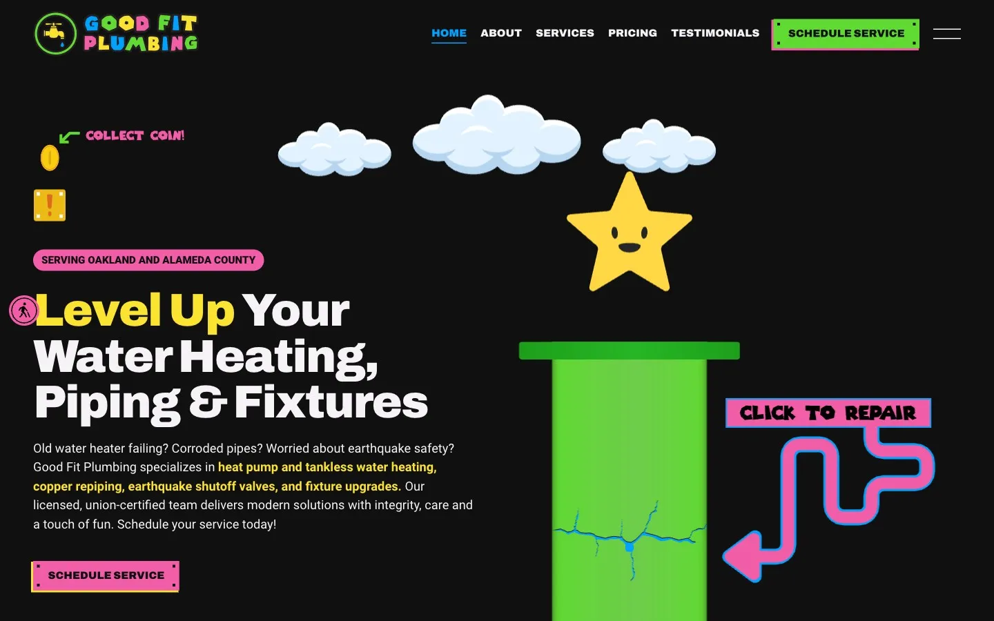 The same homepage after clicking the question block, with a gold coin popped out above it and a Collect coin prompt.