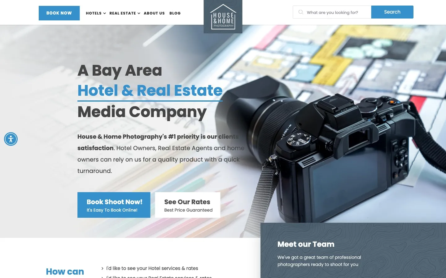 The House and Home Photography homepage, a camera resting on architectural plans beside the headline A Bay Area Hotel and Real Estate Media Company, with Book Shoot Now and See Our Rates buttons.