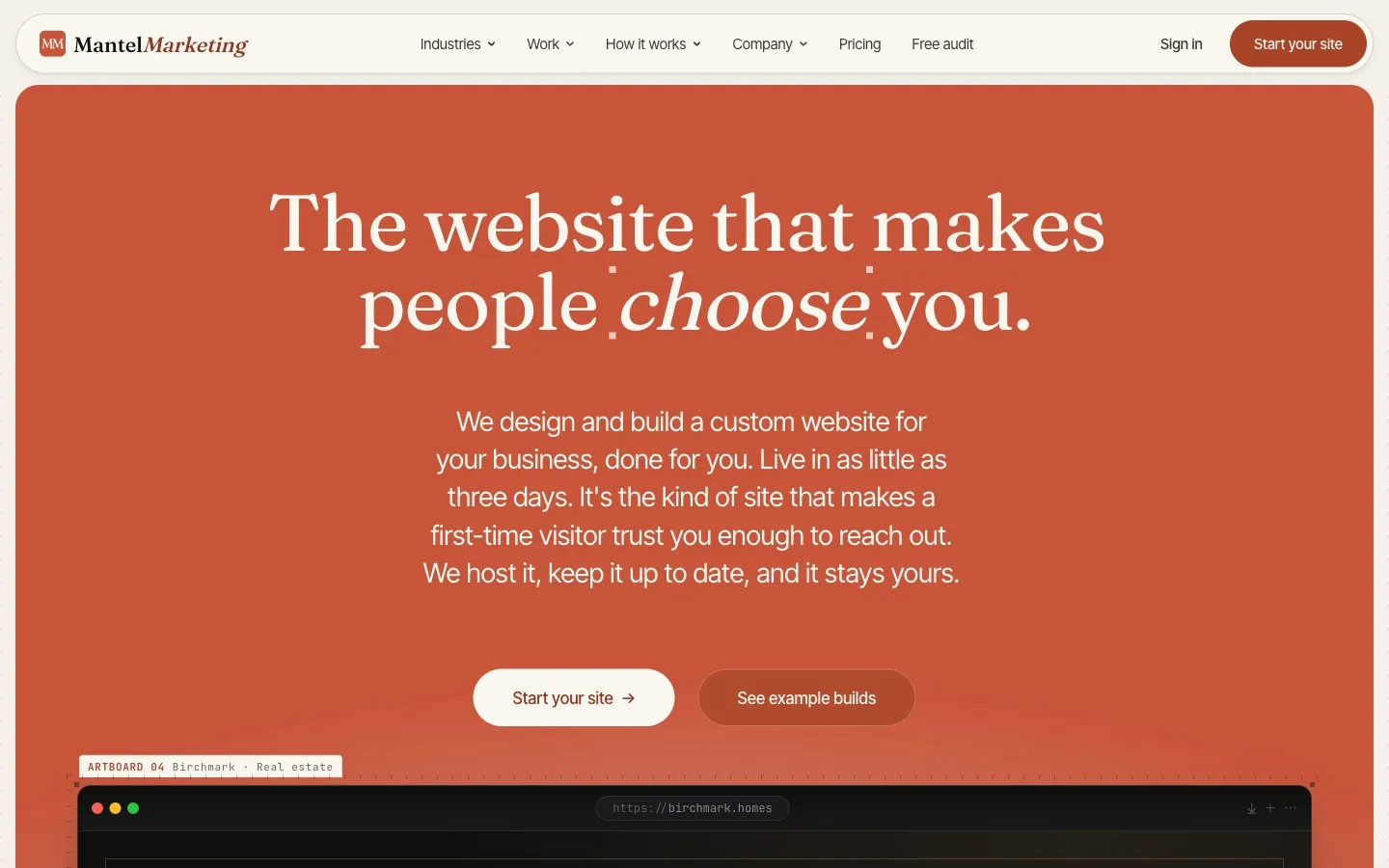 The MantelMarketing homepage, a terracotta hero reading The website that makes people choose you, above a browser-framed example build.