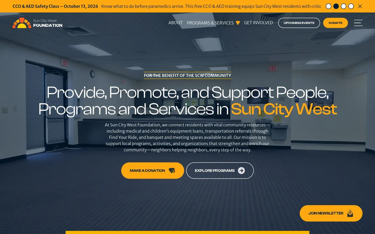 The Sun City West Foundation homepage, a photograph of the foundation's meeting room behind the headline Provide, Promote, and Support People, Programs and Services in Sun City West.