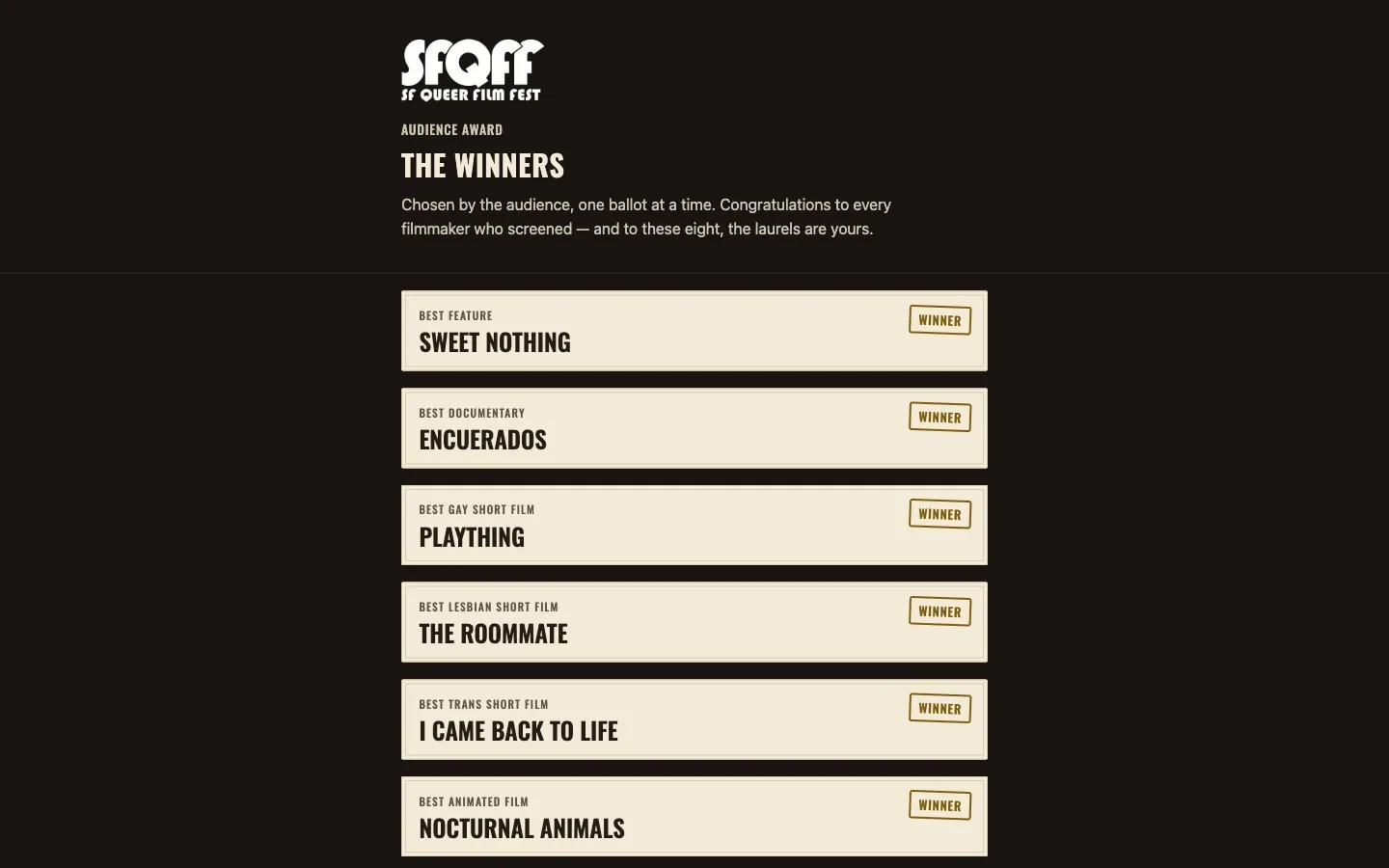 The public winners page, dark with cream cards, listing a winner for each category from Best Feature down to Best Animated Film.